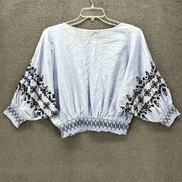 Gap Top women Medium Blue Puff Sleeves boat neck Floral embroidered Crop Blouse - Picture 2 of 14